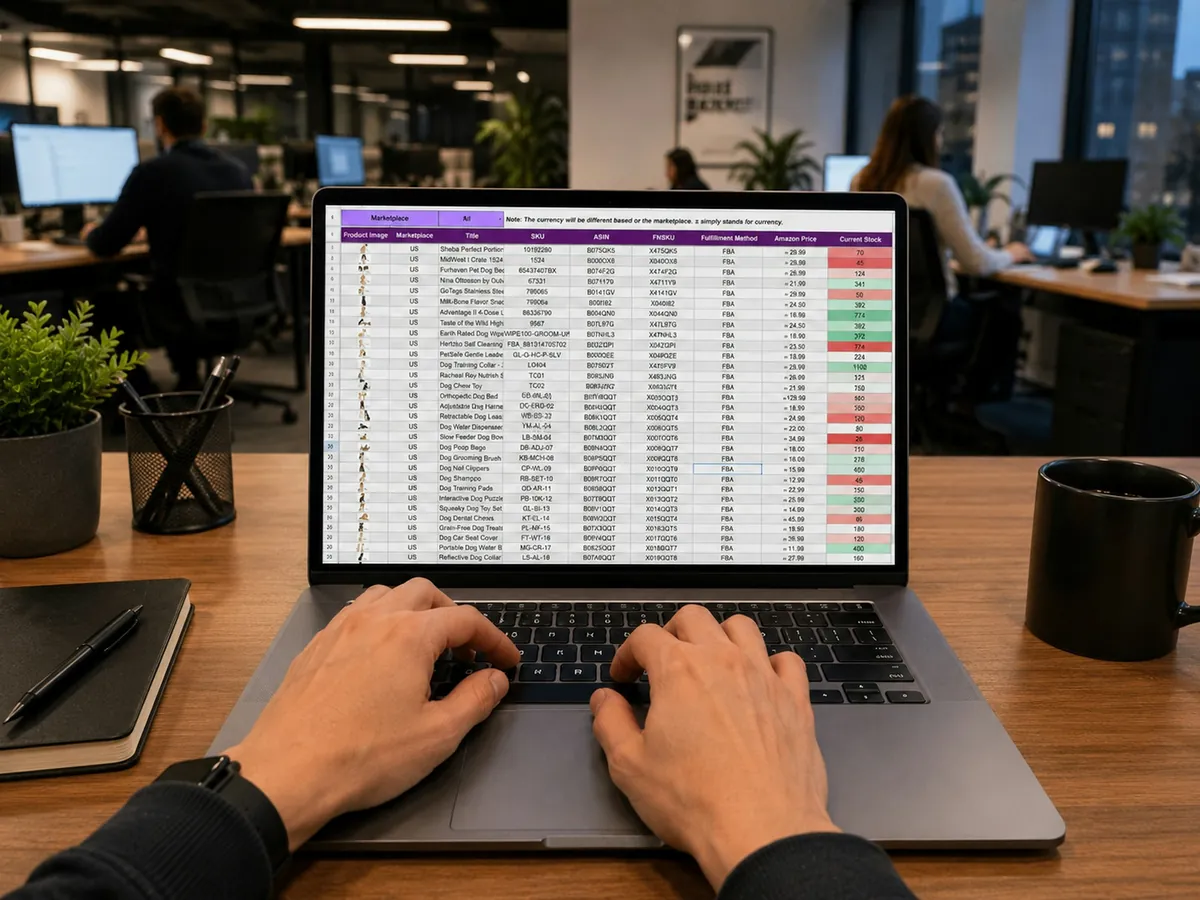 Manos escribiendo en una laptop que muestra una hoja de cálculo